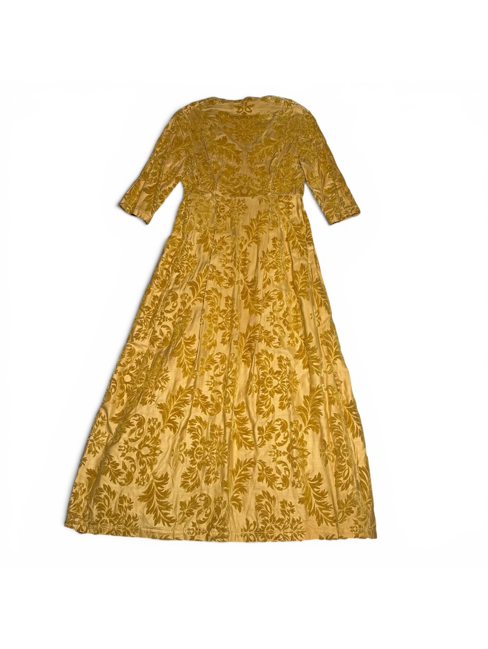 Vintage Mustard Yellow Velvet Burnout Maxi Jacket Dress with 3/4 Sleeves - Picture 2 of 8